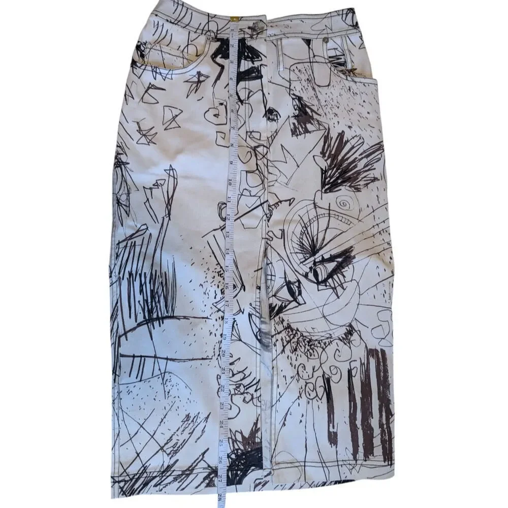 Vintage John Galliano Skirt Denim Pencil Sketches Printed Kendall Jenner Owned